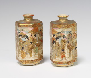 A pair of 19th Century hexagonal Satsuma vases decorated with people at pursuits with seal mark to base 9cm 