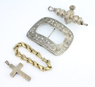 A silver buckle, bracelet and rattle together with a cross pendant, 94 grams
