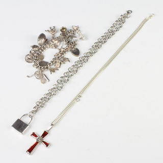 A silver charm bracelet, necklace and cross pendant 132 grams 