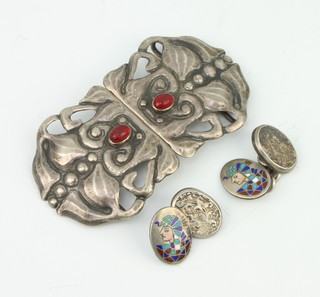 A stylish silver gem set buckle and a pair of enamelled cufflinks 29 grams