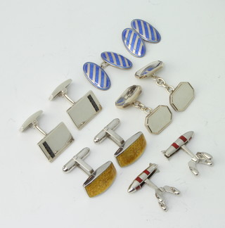 Five pairs of silver and enamel cufflinks 57 grams 