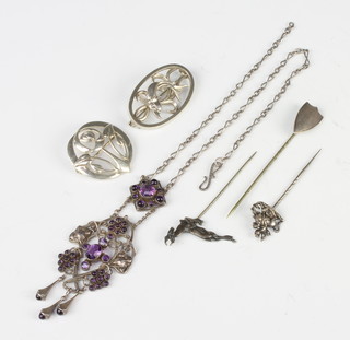 Two silver brooches, a pendant and 3 pins, 44 grams