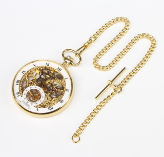 A gentleman's gilt cased contemporary Jean Pierre skeleton pocket watch on a ditto Albert 