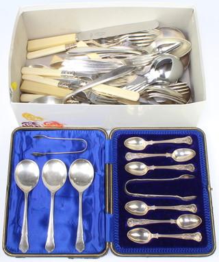 A cased set of 6 Kings pattern silver teaspoons and tongs Sheffield 1911 140 grams and minor plated cutlery 