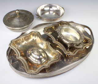 A silver plated galleried tea tray 57cm, a pair of plated entrees and minor items