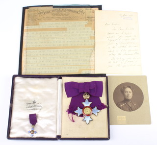 CBE, a lady's first type CBE complete with miniature, cased together with a corresponding letter from 10 Downing Street dated 14th December 1911 to Mary Moorhead Patterson a photograph and telegram