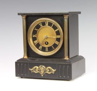 A 19th Century French timepiece with black and gilt dial and Roman numerals contained in a marble case decorated with gilt columns, complete with pendulum 