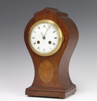 Samuel Marti, an Edwardian French 8 day striking on a gong mantel clock with enamelled dial and Roman numerals, dial marked Samuel Marti 67269, complete with pendulum and contained in an inlaid mahogany balloon shaped case 