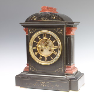 A French 8 day striking mantel clock with visible escapement contained in a black and pink marble architectural case 