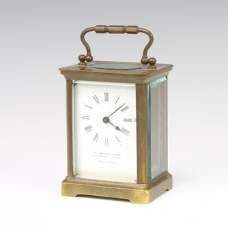 A French 8 day carriage timepiece with enamelled dial and Roman numerals marked William Bruford and Sons Eastbourne and Exeter 