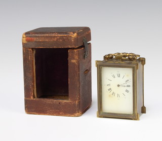 Japy Freres, a carriage timepiece with paper dial and Roman numerals contained in a gilt metal case, the back plate marked Japy Freres complete with leather travelling case 3cm x 2cm x 1.5cm 