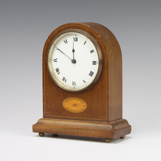 A French bedroom timepiece with enamelled dial and Roman numerals contained in an arch shaped inlaid mahogany case, back plate marked BTG (no dust cover) 