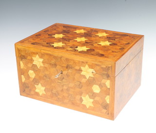 A rectangular mahogany parquetry trinket box with hinged lid 19cm x 36cm w x 26cm d 
