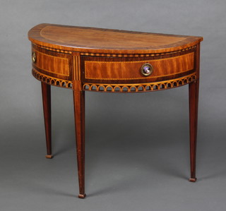 A 19th Century French inlaid and crossbanded mahogany demi-lune side table fitted 2 drawers, raised on square tapered supports  80cm h x 97cm w x 50mc d 