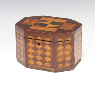 A 19th Century lozenge shaped inlaid parquetry tea caddy with hinged lid 12cm x 19cm x 15cm 