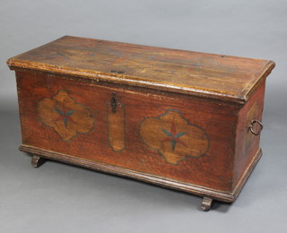 A 19th Century Eastern European painted pine coffer with hinged lid, geometric panels to the front, iron lock and handles to the side 58cm h x 165cm w x 56cm d 