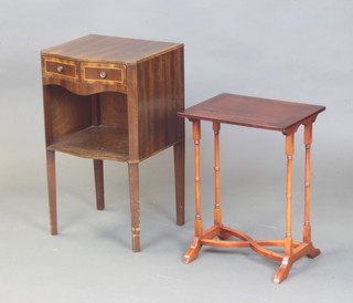 A Georgian style inlaid mahogany bow front bedside cabinet fitted 2 drawers above a recess 65cm x 39cm x 35cm, a Georgian style side table on turned supports with tracery stretcher 50cm x 38cm x 30cm, together with a copper warming pan with turned handle 