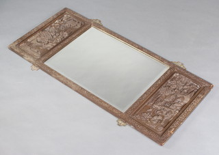A rectangular bevelled plate over mantel mirror contained in a Chinese carved hardwood frame 60cm x 112cm 
