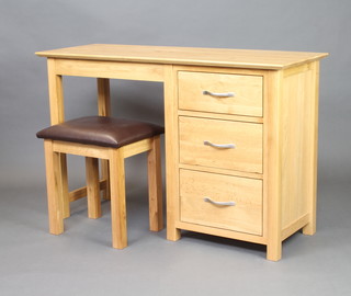 An oak desk/dressing table fitted 3 drawers with chrome handles 77cm h x 120cm w x 43cm d together with a matching stool  