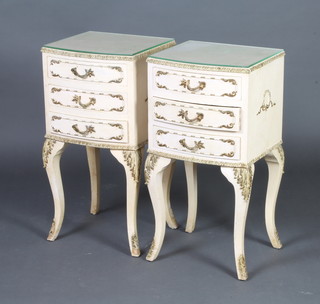 A pair of Louis style bow front 3 drawer bedside chests on cabriole supports 69cm h x 34cm w x 31cm d 