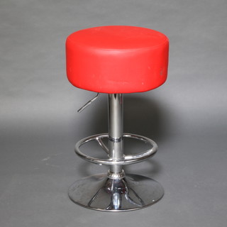 A chrome and red fabric covered circular stool 64cm x 38cm 