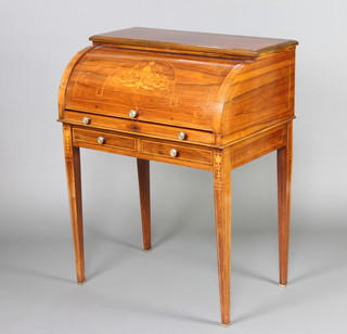 A Victorian inlaid rosewood cylinder bureau, the interior fitted pigeon holes and drawers the base fitted 2 long drawers, raised on square tapered supports 95cm h x 75cm w x 50cm d 