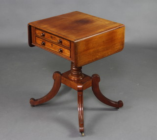 A William IV mahogany drop flap pedestal work table fitted 2 drawers, raised on a turned column with platform base and splayed supports 70cm h x 49cm x 49cm 