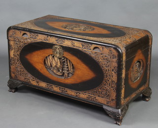 A Chinese carved camphor coffer with hinged lid 54cm x 98cm w x 49cm d 
