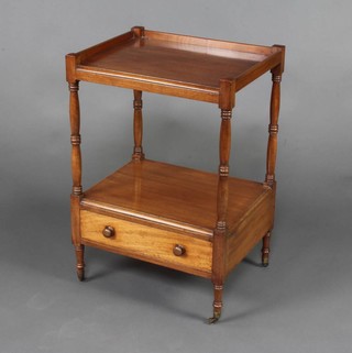A Victorian square rectangular mahogany 2 tier what-not, the base fitted a drawer, raised on brass caps and casters 73cm h x 50cm w x 40cm d 