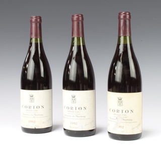 Three bottles of 1992 Grand Cru Bonneau du Martray Corton red wine

