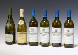Four bottles of 1983 Chateau Coutet Blanc Sec Graves, a bottle of 2004 Louis Jadot Domaine Gagey Savigny-Les-Beaune 1er Cru Clos des Guettes and a bottle of 2009  La Chablisienne Chablis Vieille Vignes "Les Venerables" white wine 