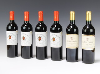 Two bottles of 1997 Chateau Pichon - Lussac St. Emilion OOC and 4 bottles of 2010 Chateau Fourcas Hosten - Moulis red wine 