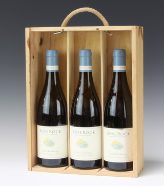 Three bottles of 2015 Domaine Drouhin Roserock Chardonnay - Eola-Amity Hills, Oregon white wine, contained in a presentation box 