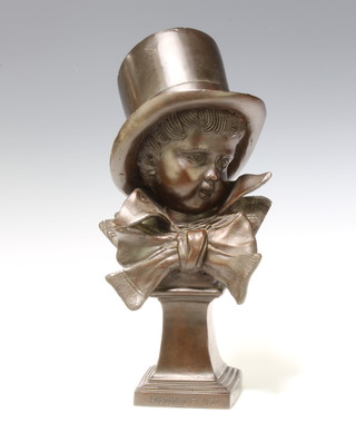 A Victorian style head and shoulders portrait bust of a child wearing a top hat raised on square base marked Houndonf 1823 40cm x 9cm x 10cm