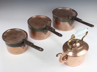 An oval copper kettle with opaque glass handle 25cm x 15cm x 17cm, together with 3 copper saucepans with iron handles 13cm x 23cm, 10 x 17cm and 13cm x 20cm