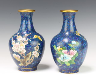 A pair of blue ground cloisonne floral patterned club shaped vases 27cm x 11cm 