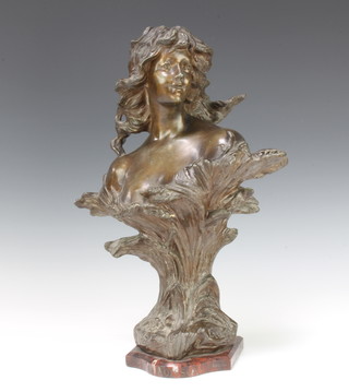 An Art Nouveau spelter head and shoulders portrait bust of a young girl raised on a shaped marble base 46cm x 28cm x 20cm 