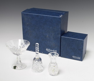 A Waterford Crystal pedestal bowl 11cm, a ditto bell 11cm and a vase 10cm, boxed