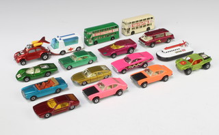 A collection of Matchbox Superfast cars to include :- 11b Flying Bug (red body, grey glass), 13b Baja Buggy (green body, flower label), 20a Lamborghini Marzal (Red Body Orange interior), 22b Freeman Intercity (purple body), 39d Clipper, 45a Ford Group 6 (dark green body, square 7 decal), 46b Stretcha Fetcha (blue glass), 53a Ford Zodiac Mk.IV  (Metallic light green), 54b Ford Capri (pink body), 54b Ford Capri (orange body, black bonnet), 56a BMC 1800 PininFarina (gold body, narrow wheels), 69c Rolls Royce Silver Shadow (blue body brown interior), 70b Doge Dragster (dark pink, snake decal), 72b DRN Hovercraft (SRN Union Flag Decal), 74b Daimler Fleetline Bus (Cream, Esso Decals), 74b Daimler Fleetline Bus (Green, Esso Decals) 