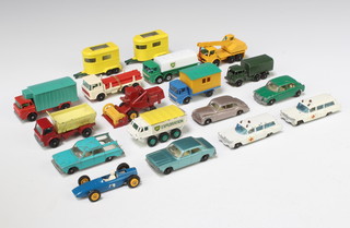 A collection of Matchbox 1-75 regular wheels models to include :- 32c Leyland Tanker (green, silver base, BP decal), 42b Studebaker Lark Wagonaire (blue green, missing roof and figures), 43c Pony Trailer (dark green base), 43c Pony Trailer (dark green base, missing ramp), 44b Rolls Royce Phantom V (Light Mauve ?? body, black plastic wheels), 44c GMC Refrigerator Truck (red body, green container), 52b BRM Racing Car (dark blue), 53c Ford Zodiac Mk.IV (light blue, cream interior), 2 X 54b Cadillac Ambulance, 58c AF Girder Truck (6 Girders), 60b Site Hut Truck, 61b Alvis Stalwart BP (white body, ribbed carrier bed), 62a AEC General Service Lorry, 63 Dodge Crane Truck (red hook), 64b MG11000, 65c Class Combine Harvester (yellow front hubs, hole to base), 70b Ford Grit Spreader (red body, primrose yellow container)
