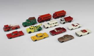 A collection of Matchbox 1-75 regular wheels models to include :-  3b Bedford Tipper (grey body, maroon tipper, black plastic wheels), 3c Mercedes Ambulance, 8e Ford Mustang (white with chrome wheels), 12c Land Rover Safari (green with brown luggage), 13d Dodge Wreck Truck (yellow cab, green body, grey broken hook), 2 X 17d Foden Tipper (red base), 20c Chevrolet Impala Taxi (orange yellow, black plastic wheels), 22c Pontiac GP Sports Coupe (red body), 24c Rolls Royce Silver Shadow, 27 Mercedes 230SL, 28c Jaguar MK10 (brown body, black plastic wheels), 29c  Fire Pumper Truck (recessed door)