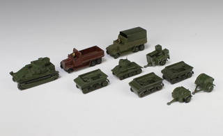 3 Dinky Meccano bren guns, 2 Dinky tanks, 2 military lorries and a 3 section limber 