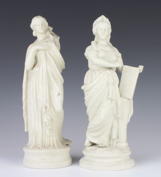 A Victorian parian figure of a classical lady standing beside a slate, Egypt, Romans, Greece, raised on a circular base 31cm, a ditto of a robed lady 31cm 