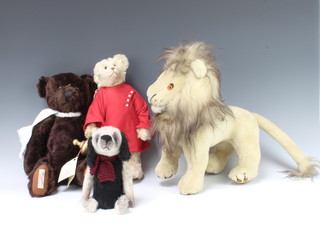 A Merrythought figure of a standing lion 32cm, a Dean's limited edition Rag Book Company brown teddy bear, an Angela Burman dog 22cm, a Wee Willie Winkie teddy bear 