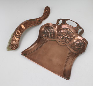 A Joseph Sankey and Sons Art Nouveau embossed copper crumb tray and brush 
