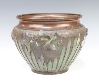 A 19th Century Japanese bronze and enamelled jardiniere, the base with seal mark decorated birds amidst reeds 24cm x 27cm diam. 
