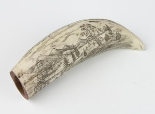 A reproduction scrimshaw tusk decorated the clipper Cultivator 16cm x 5cm 