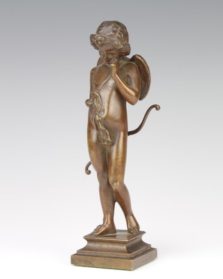 F Sanzel, a 19th Century bronze of a standing cupid raised on a square stepped base 7cm x 5cm x 5cm 