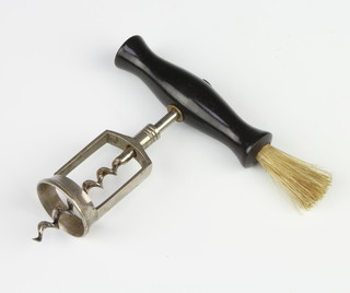 A 19th Century century steel and ebony corkscrew complete with brush 