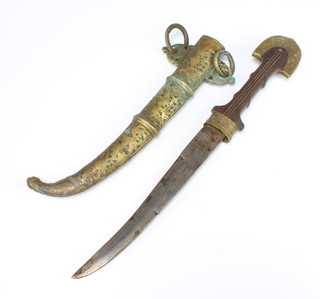 A jambiya style dagger with 21.5cm blade with gilt metal scabbard  